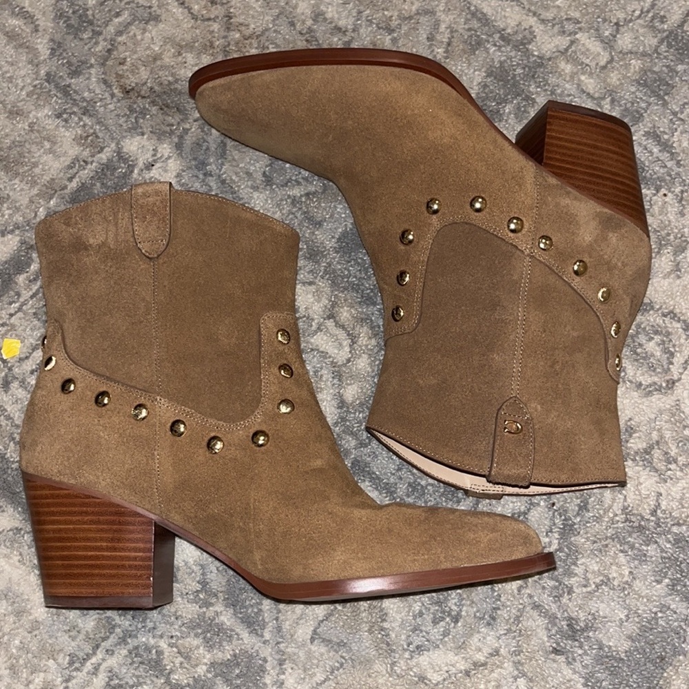 Coach Tan SUEDE booties with GOLD detailing